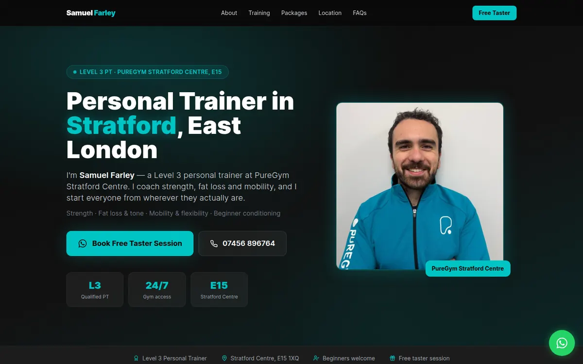 Homepage of Farley Fitness PT, a site built by SAL Digital